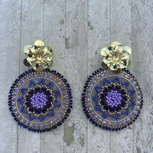 Handmade Colombian purple flower beaded Statement Earrings - Light Weight!